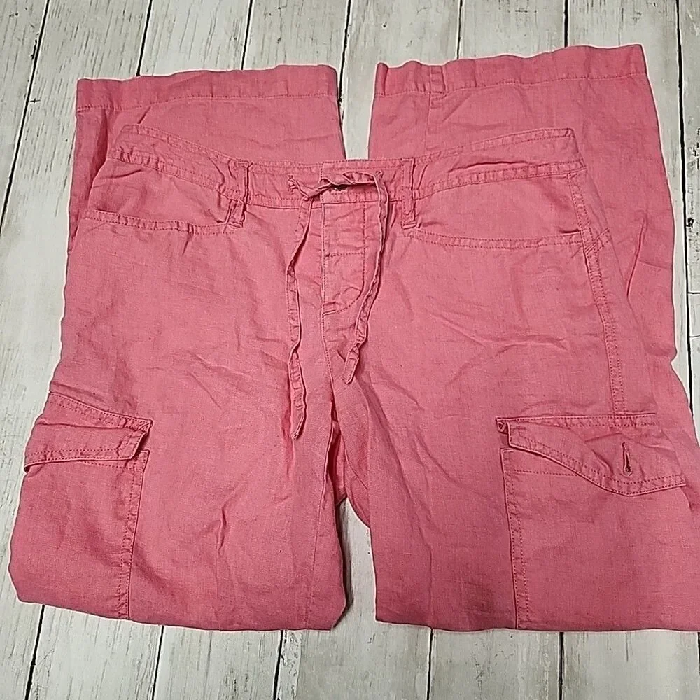 Express Women's Coral Pink 100% Linen Cargo Pants - Size 1/2 - Picture 2 of 11